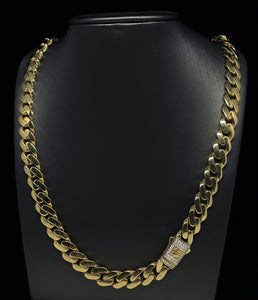 10.5MM CUBAN LINK CUBIC ZIRCONIA LOCK YELLOW GOLD CHAIN & BRACELET