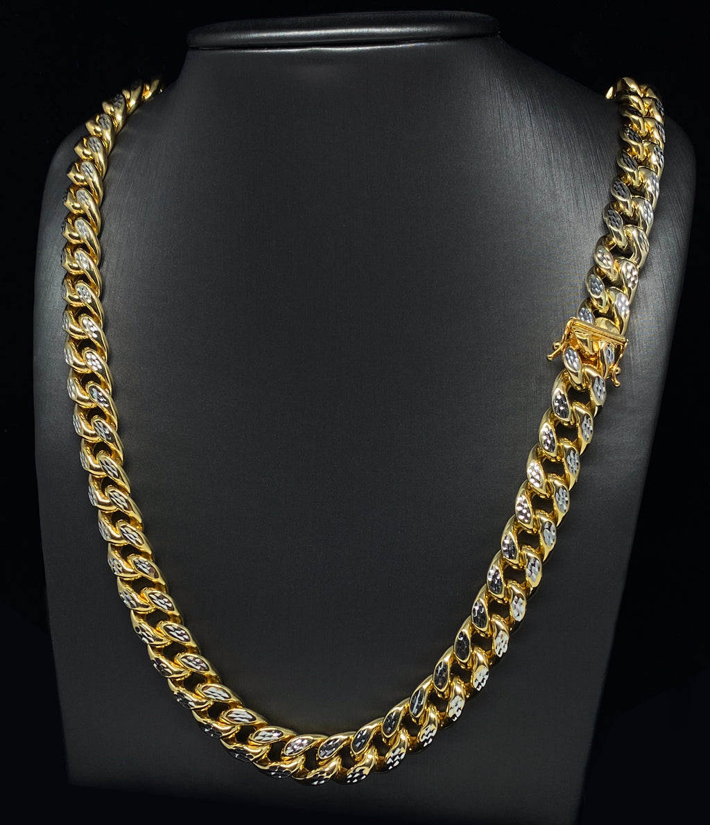 10.5MM CUBAN LINK TWO-TONE DIAMOND CUT YELLOW GOLD CHAIN