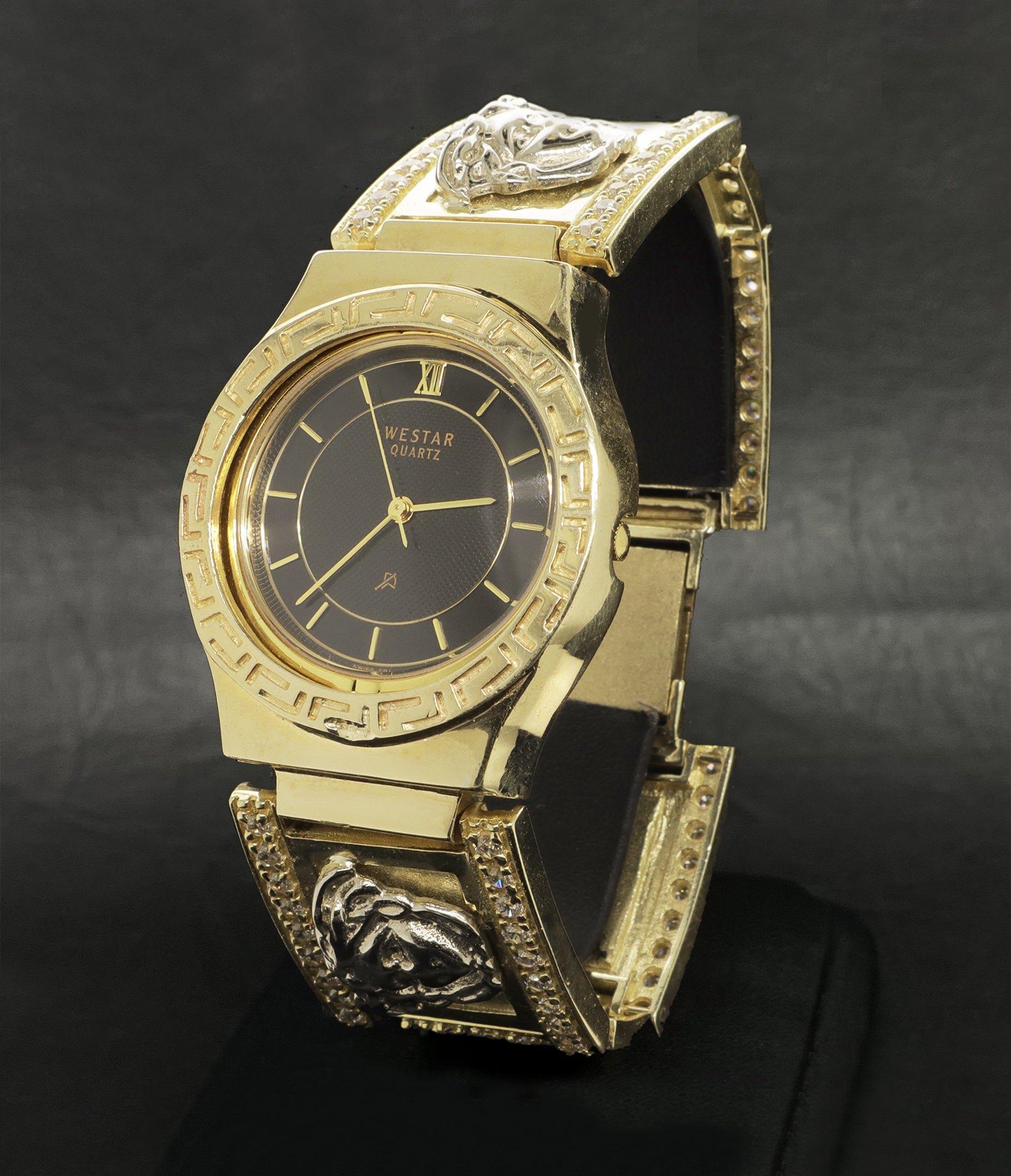 YELLOW GOLD CUBIC ZIRCONIA VERSACE BLACK FACE WATCH