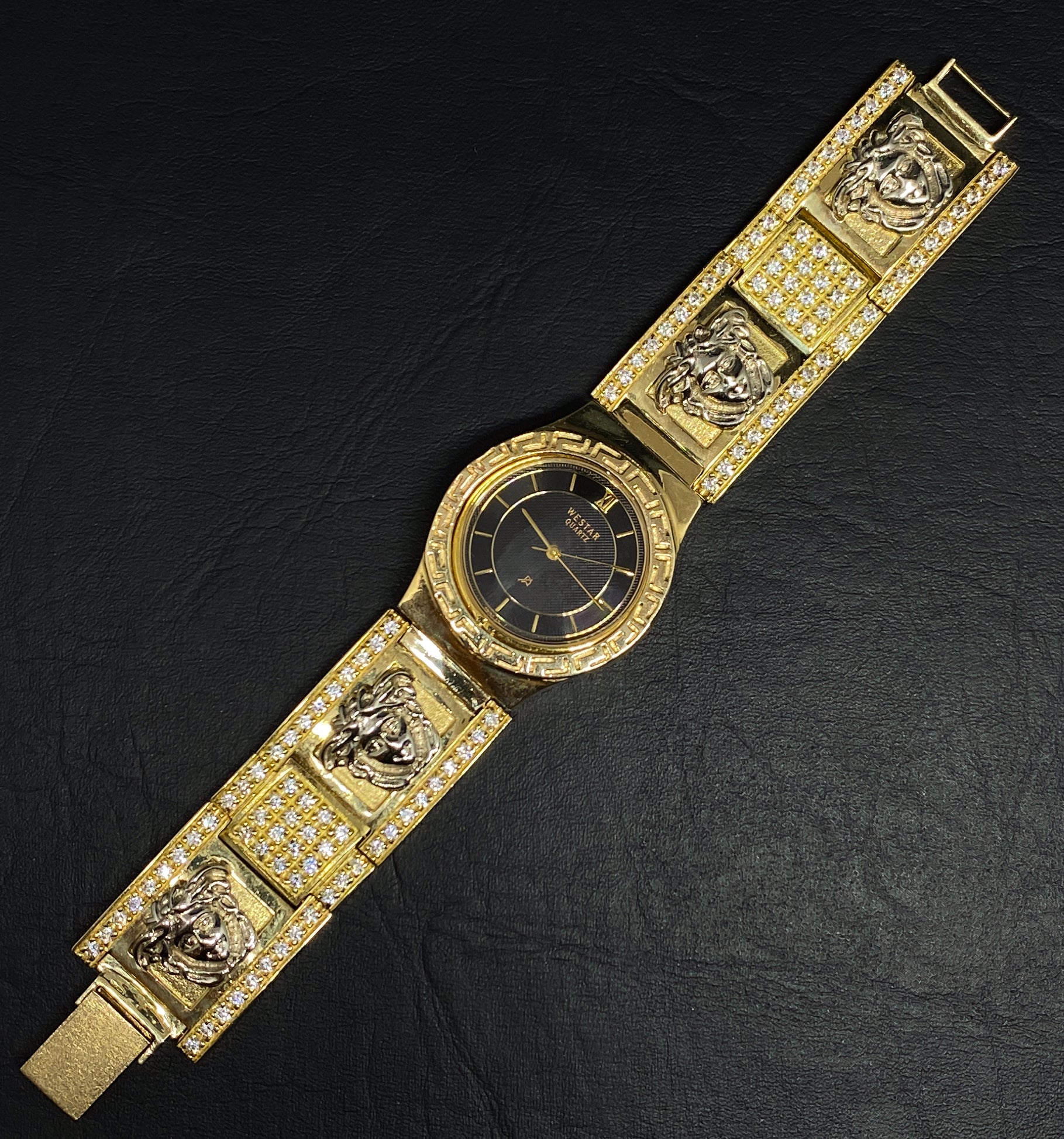 YELLOW GOLD CUBIC ZIRCONIA VERSACE BLACK FACE WATCH