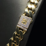 13.5MM CUBAN LINK CUBIC ZIRCONIA LOCK YELLOW GOLD CHAIN