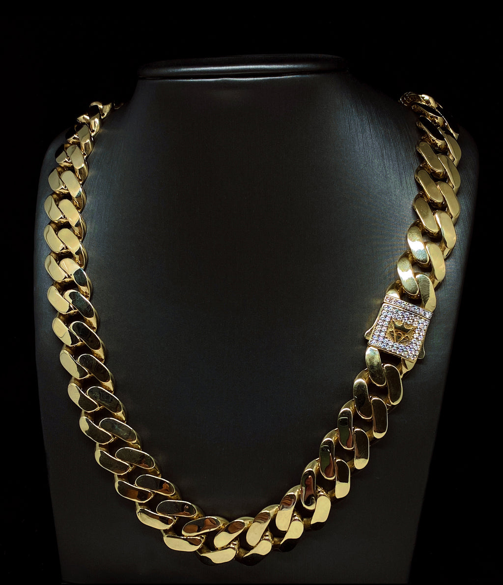 15.5MM CUBAN LINK CUBIC ZIRCONIA LOCK YELLOW GOLD CHAIN