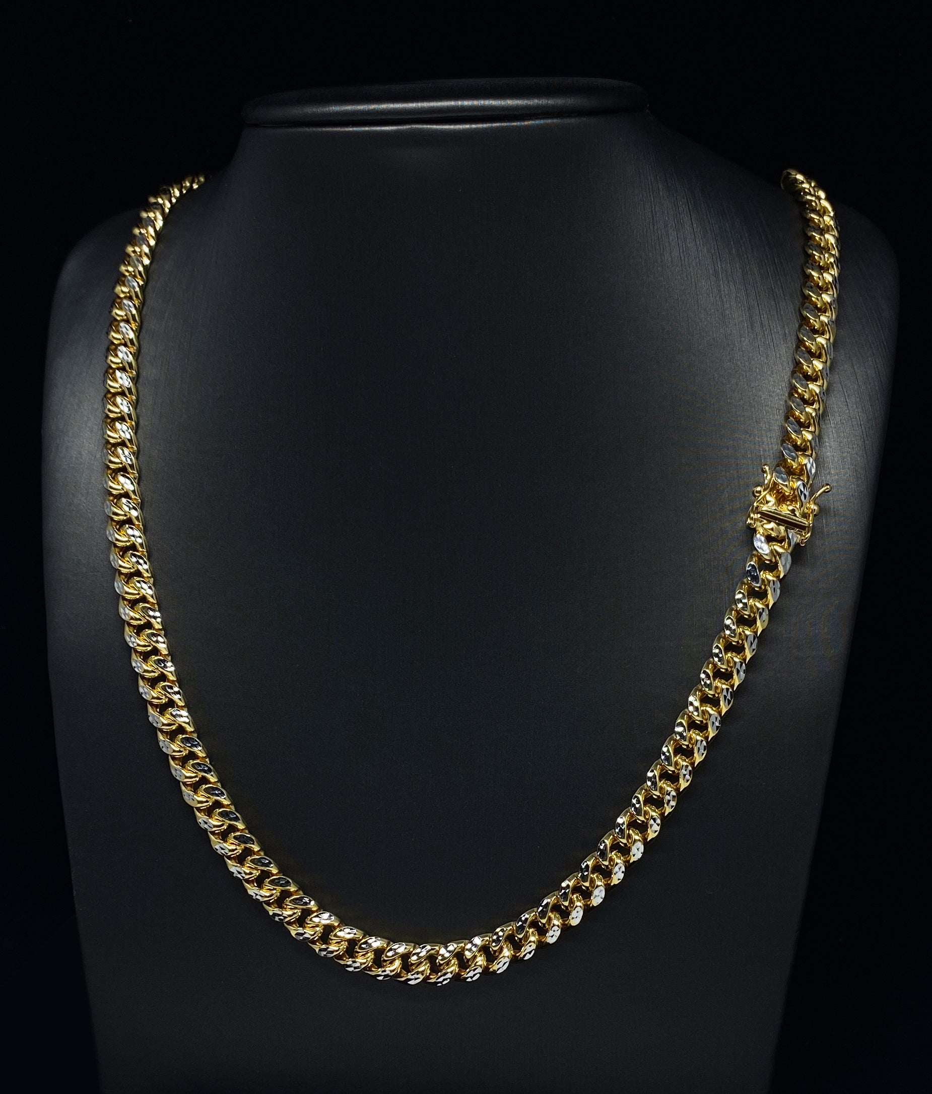 7MM CUBAN LINK TWO-TONE DIAMOND CUT YELLOW GOLD CHAIN